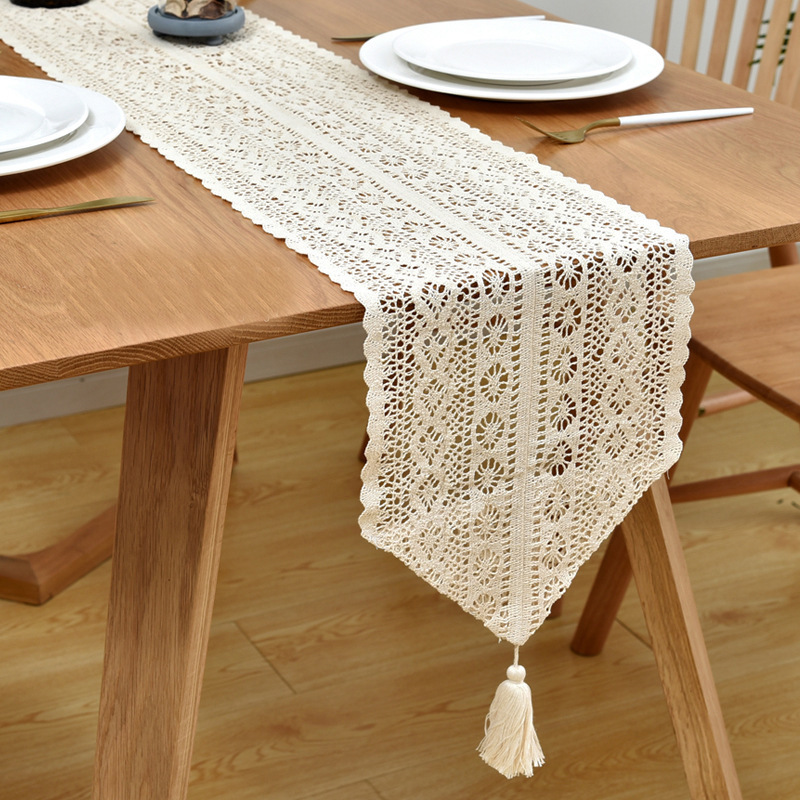 French Retro Hollow Lace Table Runner Hand-Crocheted Cotton Crochet Artistic Idyllic TV Shoe Cabinet Cover Towel Bed Runner