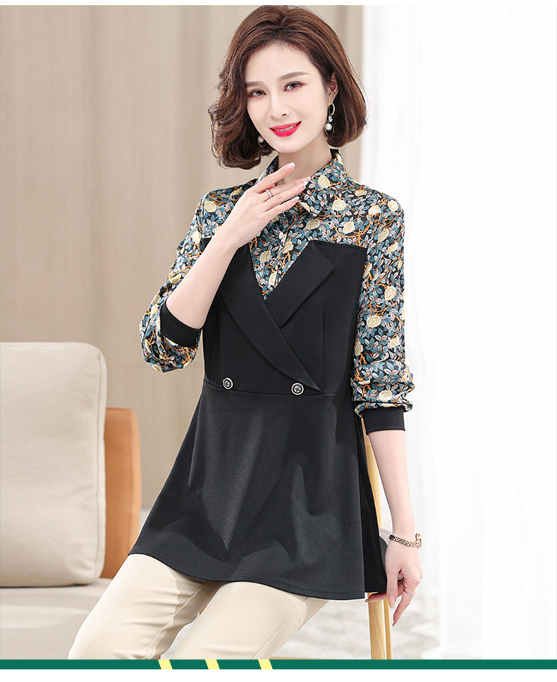 春季妈妈装翻领长袖体恤衫30岁40岁中年女装时尚洋气碎花拼接小衫