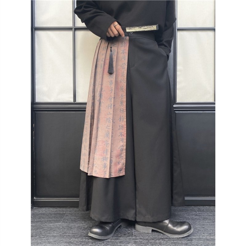 草书印花百褶裙摆拼接阔腿裤男直筒宽松九分裤中国风复古禅意裤子