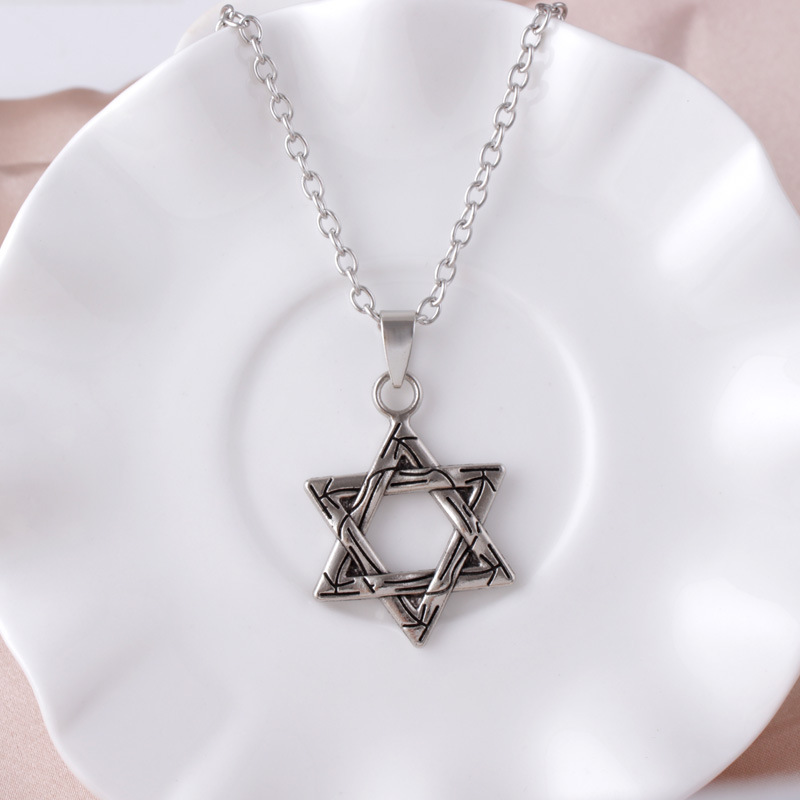 欧美时尚六芒星项链 个性复古合金项链明星同款双面纹吊坠
