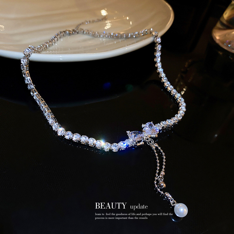 Korean-Style Light Luxury Shiny Diamond-Encrusted Bow Pearl Tassel Necklace Fashion Personalized Clavicle Chain High-Grade Necklace Women