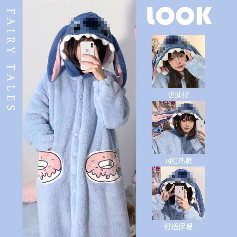 Winter New Stitch Cute Cartoon Pajamas Comfortable Cotton Velvet Long Cute Nightgown Home Wear for Women plus Velvet Thickened