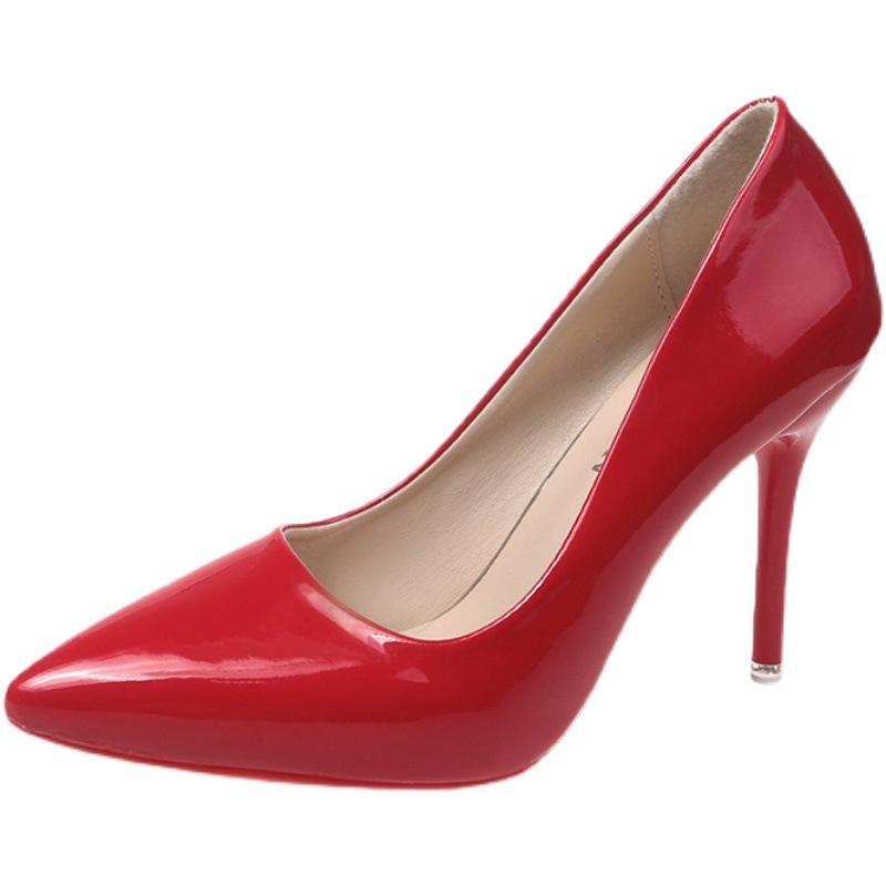 红底细跟10cm高跟鞋百搭性感黑丝情趣单鞋漆皮床上高跟鞋大码