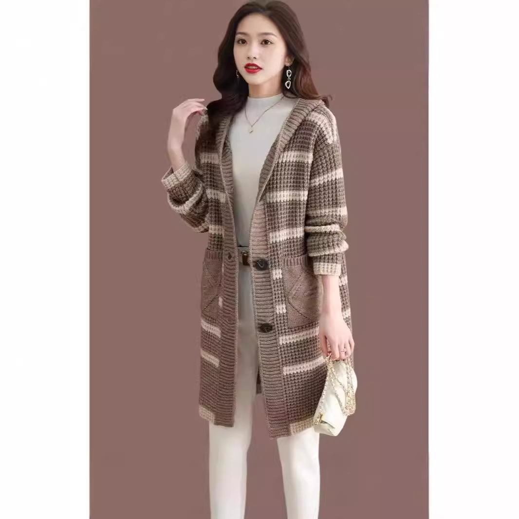 中长款宽松针织开衫外套女春秋装连帽粗线毛衣外搭披肩衫-阿里巴巴