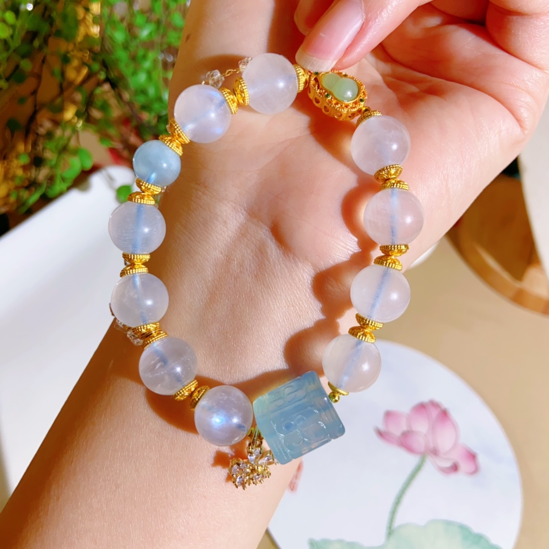 蓬森珠宝天然蓝月光手链搭配天然海蓝宝回纹方糖桶珠中国风手串女