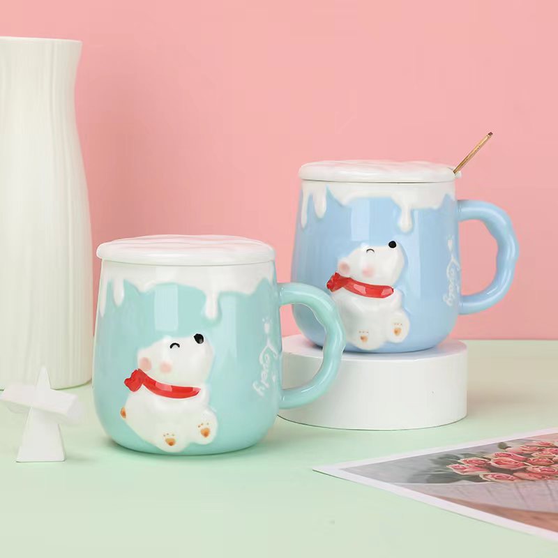 Cute Ceramic High-Looking Cute Polar Bear Cream Coffee Cup Cartoon Household Stainless Steel Spoon Student Water Cup