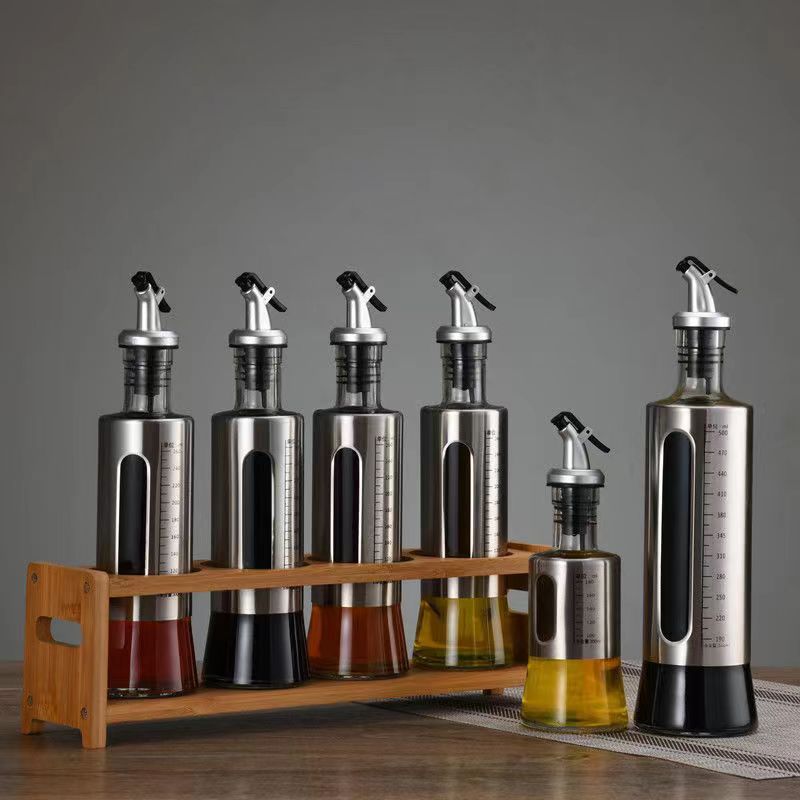 Kitchen Oil Bottle Non-Oil-Stick Glass Soy Sauce with Scale Leak-Proof Seasoning Bottle Set Household Stainless Steel Leather Oiler