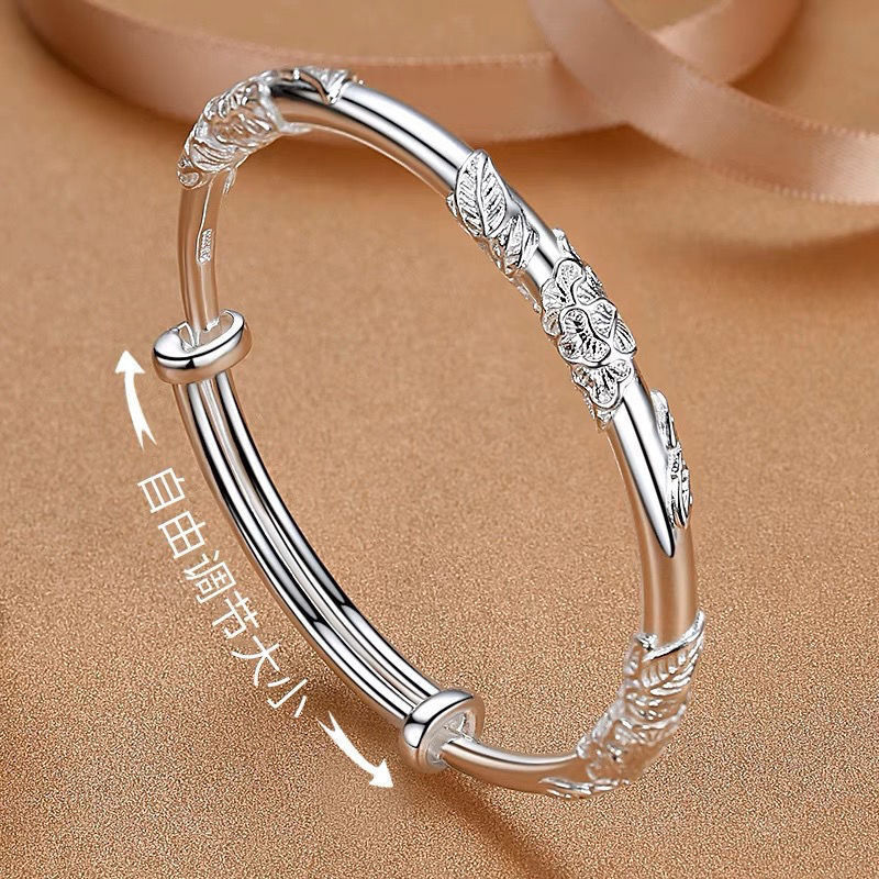 银手镯999足银女年轻款繁花似锦9银镯子实心百搭送女友礼物独立站