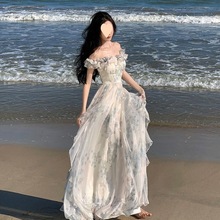度假风飘逸仙雪纺连衣裙夏日法式荷叶边海边沙滩吊带长裙高级感