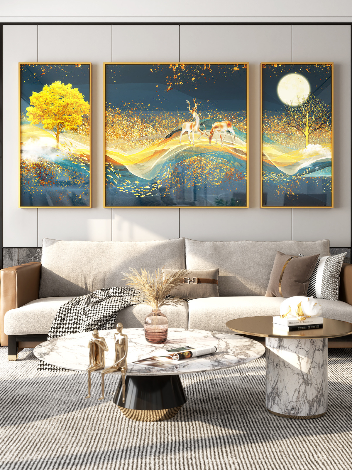 晶瓷画客厅装饰画现代简约沙发背景墙画新中式山水麋鹿三联壁挂画