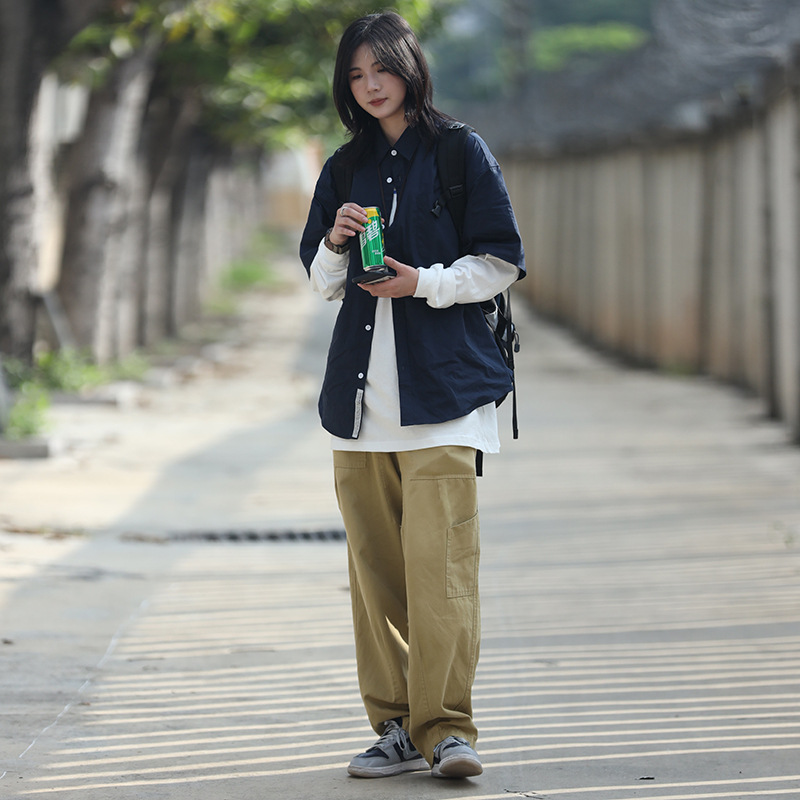 你初恋老王日系复古多口袋宽松休闲裤子男百搭直筒锥形工装裤女潮