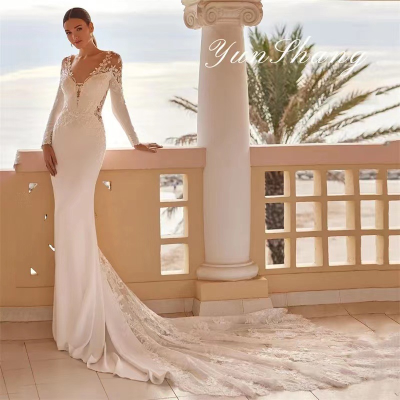 高级礼服迪拜贵族公主气质长袖露背蕾丝刺绣婚纱海边旅拍礼服李阳