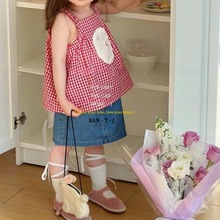 【伴童季】2024新款韩版夏款女宝宝吊带格子娃娃衫牛仔短裙两件套