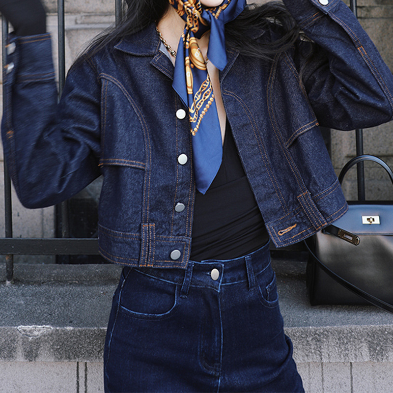 赵蓝色港风复古短款牛仔短外套女2022春秋新款设计感小众上衣