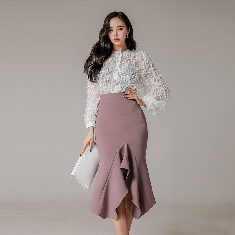 跨境外贸女装货源2021春季圆领碎布薄纱衬衫 鱼尾半身裙套装女