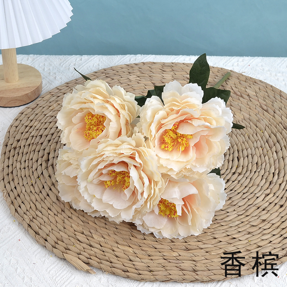 5-Head Simulation Big Peony Rich Peony Simulation Fake Flower and Decorative Flower Home Decoration Dried Flower Living Room Floor Silk Flower