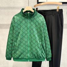 春秋季新款绿色男装上衣男士秋款潮牌美式满印时尚夹克外套一件代