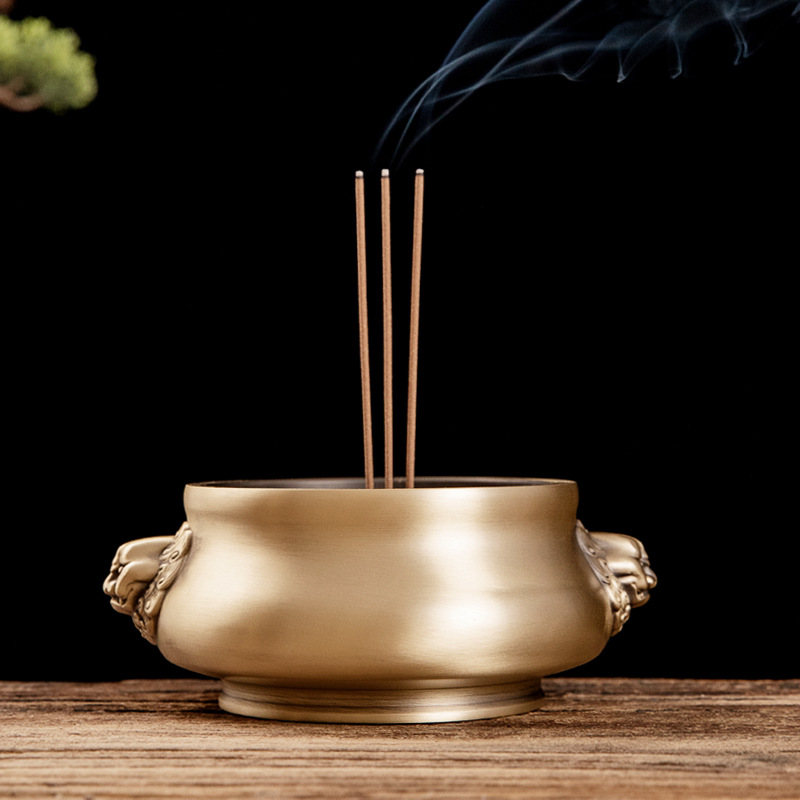 纯铜供奉狮耳香炉鼎家用供佛前室内烧香炉插香托灰檀香炉佛具用品