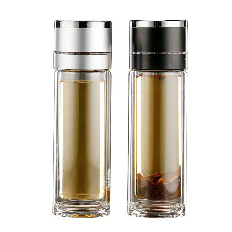 One-Click One-Hand Lid Glass Tea and Water Separation Quickly Open Cup Thermal Insulation Thickening Double Layer Glass Cup Advertising Cup