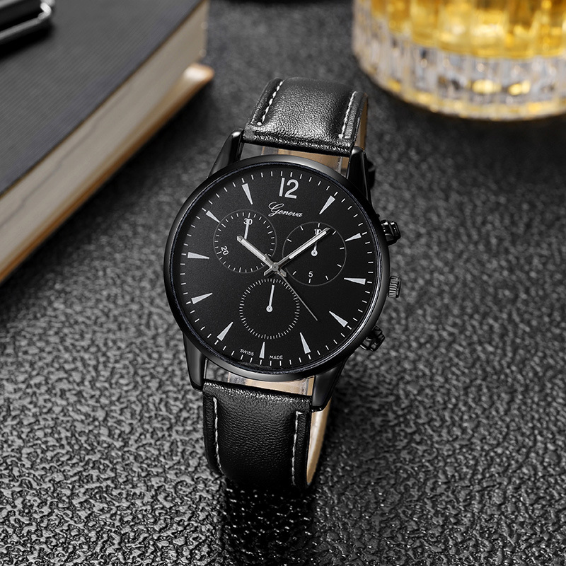 Foreign Trade Popular Style Men's Leather Belt Watch Casual Business Geneva Fake Three-Eye Quartz Watch Men in Stock Wholesale