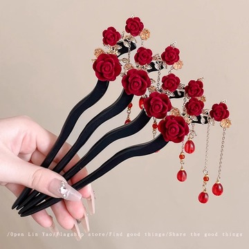 玫瑰花流苏发簪女新中式古风花朵簪子高级感汉服盘发发钗钗子头饰