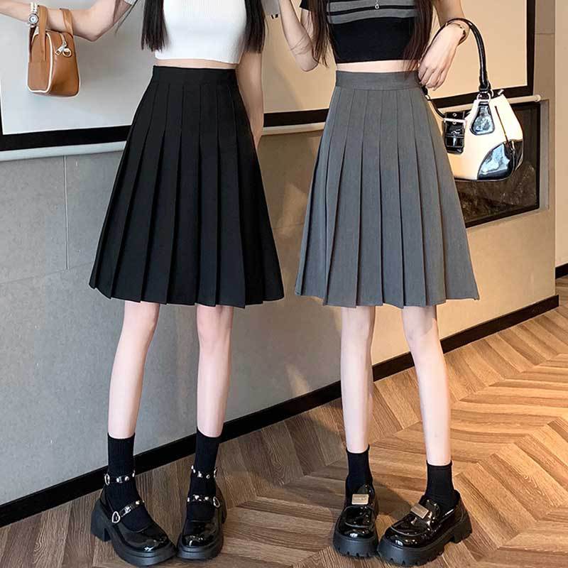 黑色百褶裙半身裙女夏春季2024新款a字裙中长款伞裙高腰显瘦裙子