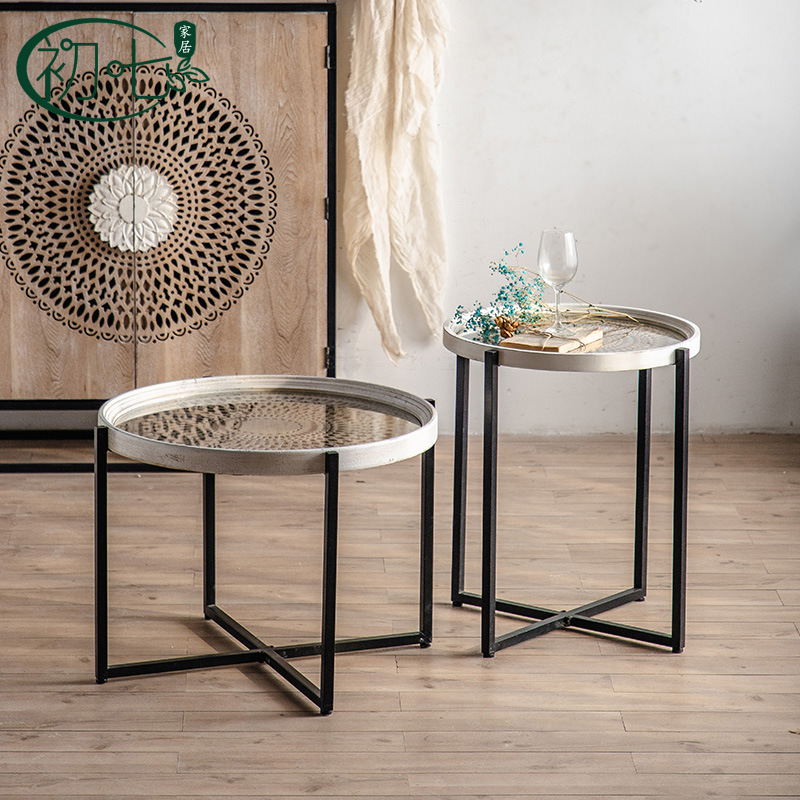 法式轻奢小茶几甜品店耐脏小圆桌客厅沙发前成套边几铁艺复古茶几