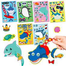 跨境6张/包鲨鱼换脸拼图贴纸DIY亚马逊儿童贴画海洋生物卡通贴纸