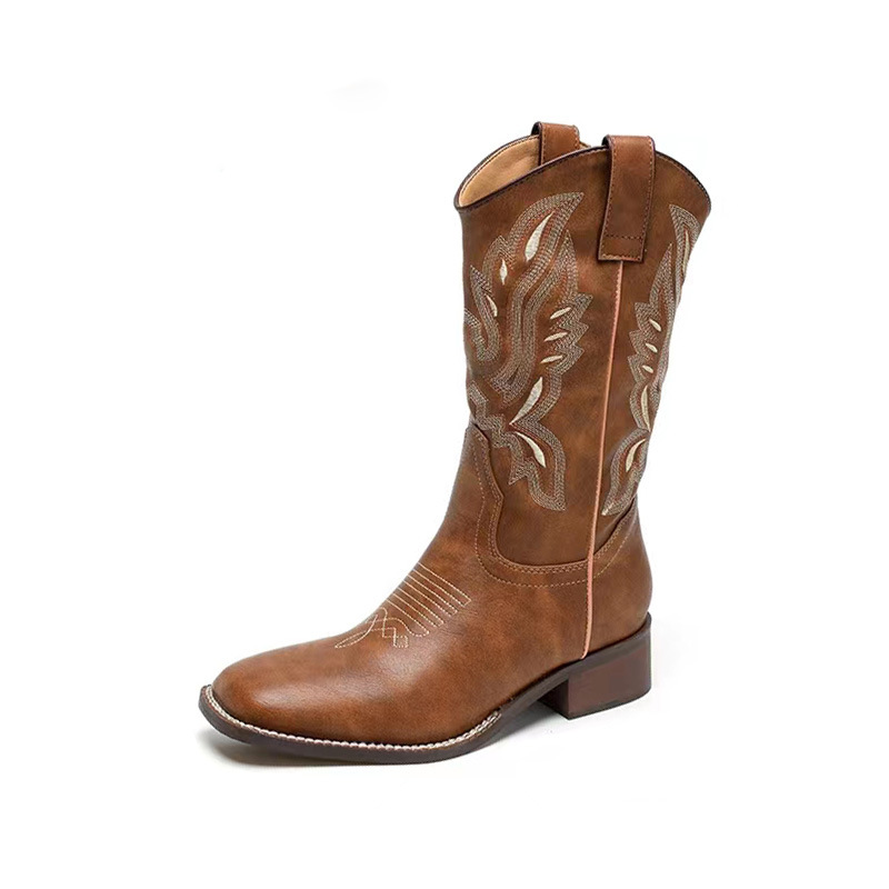 Sui He's Same Style Boots All-Match Square Toe Thick Heel Middle Knight Boots Women's Long Embroidery Thread Retro Cowboy Boot V Cut