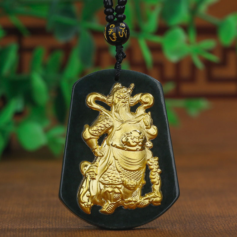 金镶玉关公吊坠和田墨玉关二爷玉坠武财神挂坠抖音快手直播爆款