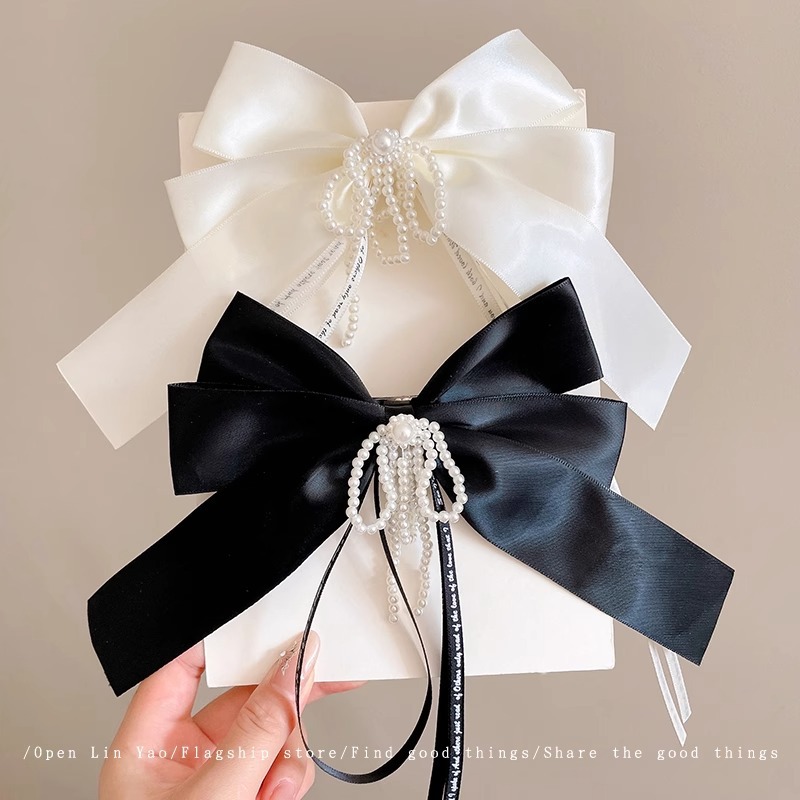 珍珠蝴蝶结飘带发夹女后脑勺一字弹簧夹2023新款发卡头发夹子头饰