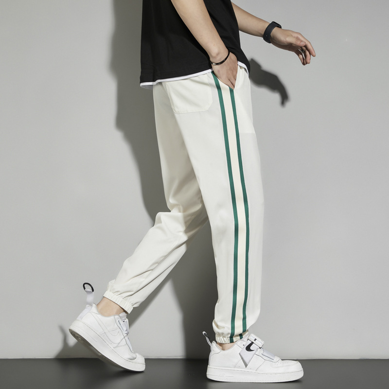 Pants for Men 2023 Summer New Korean Style Trendy Contrast Color Ankle-Length Pants for Young Men Ice Silk Casual Pants