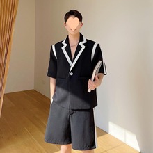 夏季韩国ins小香风撞色拼接西装套装男设计感休闲痞帅短裤两件套