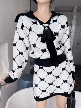 高端版 秋冬甜美蝴蝶格纹海军领蝙蝠袖毛衣针织衫a字半短裙套装女