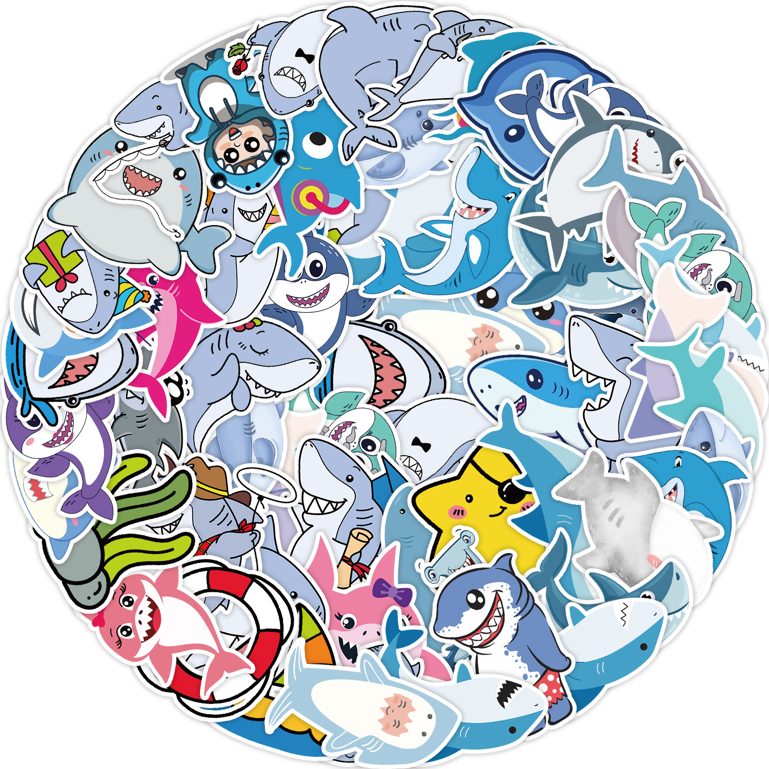 50张鲨鱼卡通贴纸汽车书架行李箱装饰贴画防水笔记本手帐贴纸