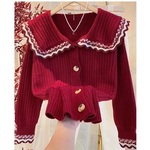 新年红色毛衣女娃娃领拼色针织开衫2024新款甜美可爱风外套春秋季