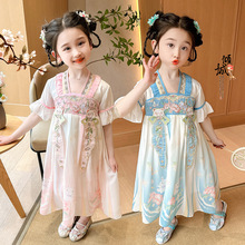 中小童女夏季新款2024中国风刺绣重工小熊衣襟短袖花边连衣裙外贸