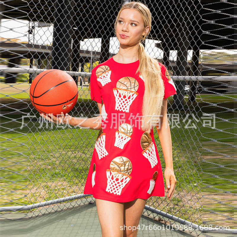 AliExpress Independent Station 2024 Summer Short Sleeve Loose Dress European and American Basketball Sequined Knitted Pullover T-shirt for Women Women Clothes