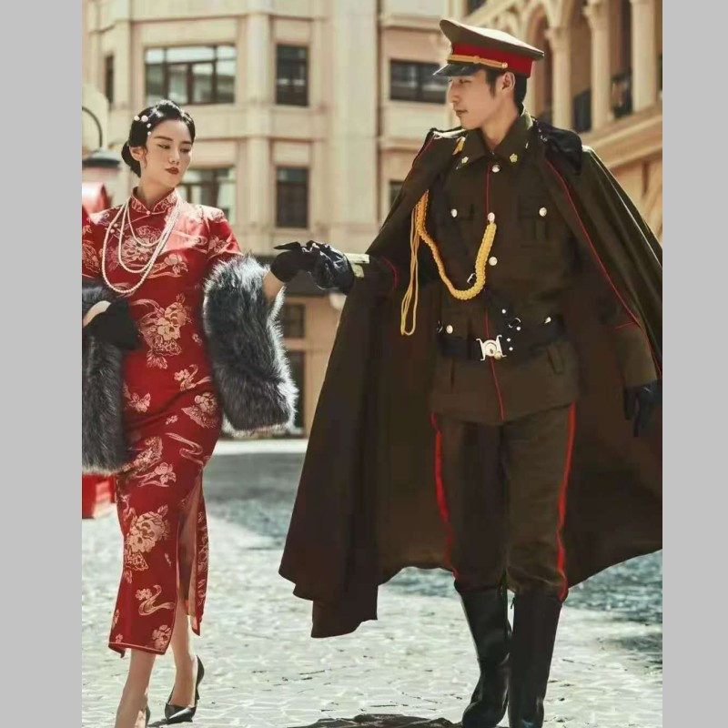 国民革命军演出服姨太太民国风旗袍军装靴子毛披肩摄影服装出租