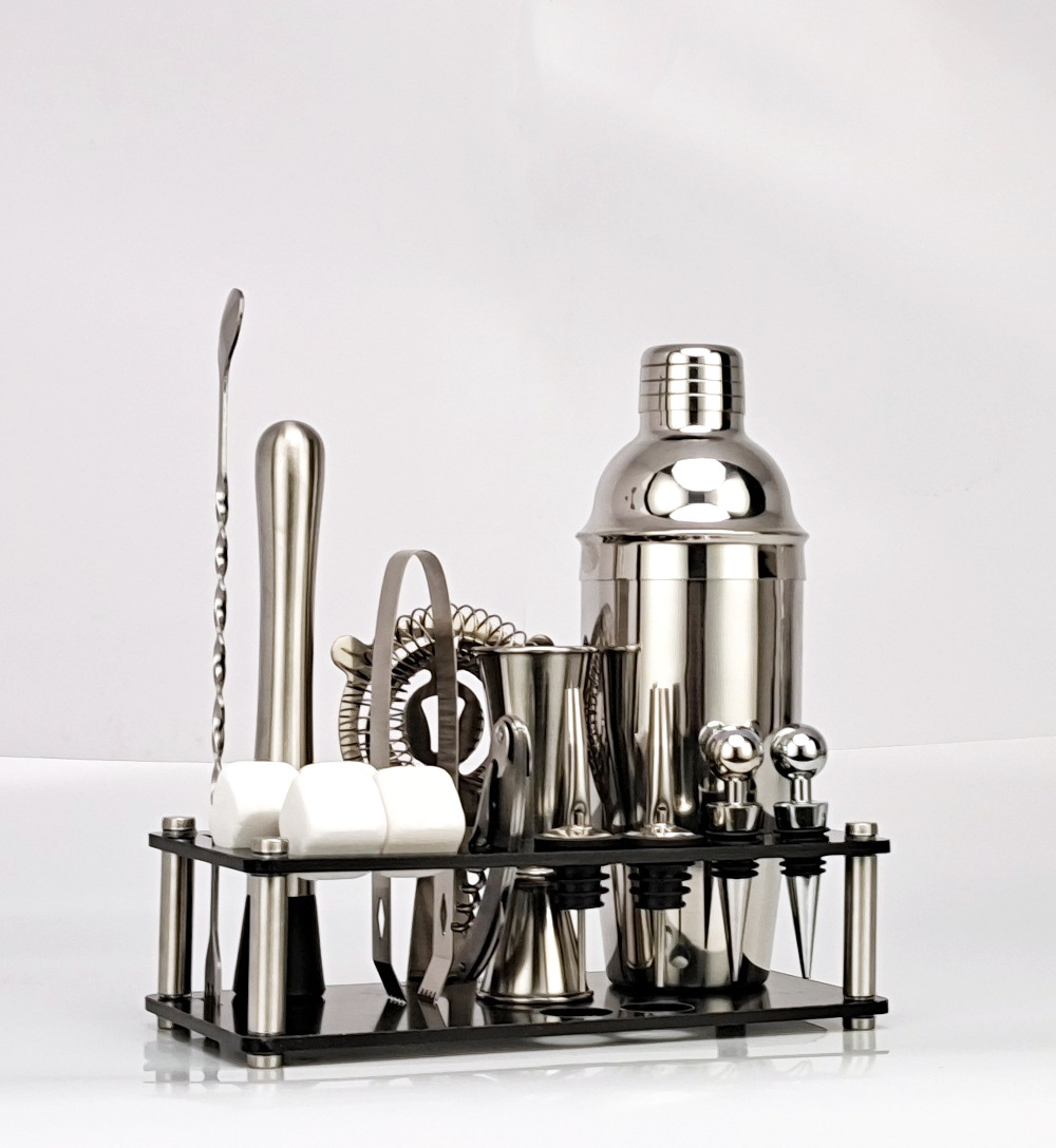 新品16件套不锈钢调酒器鸡尾酒套装亚克力支架白威士忌石酒吧工具
