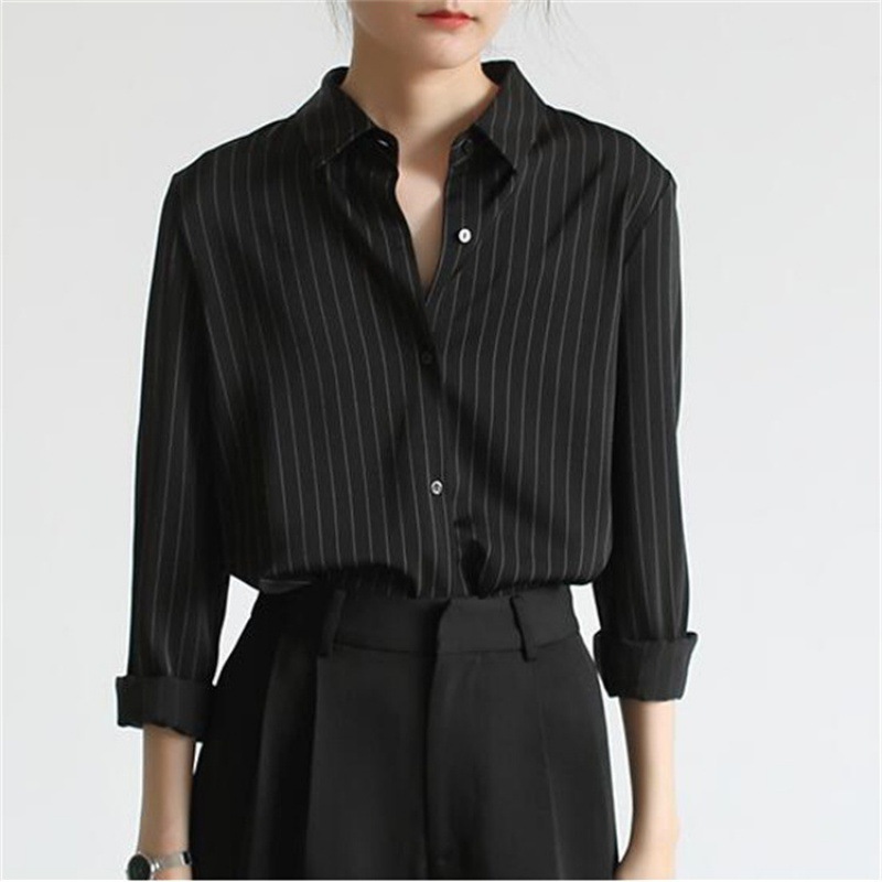 黑色长袖条纹衬衫女装宽松设计感小众上衣通勤面试衬衣气质职业装
