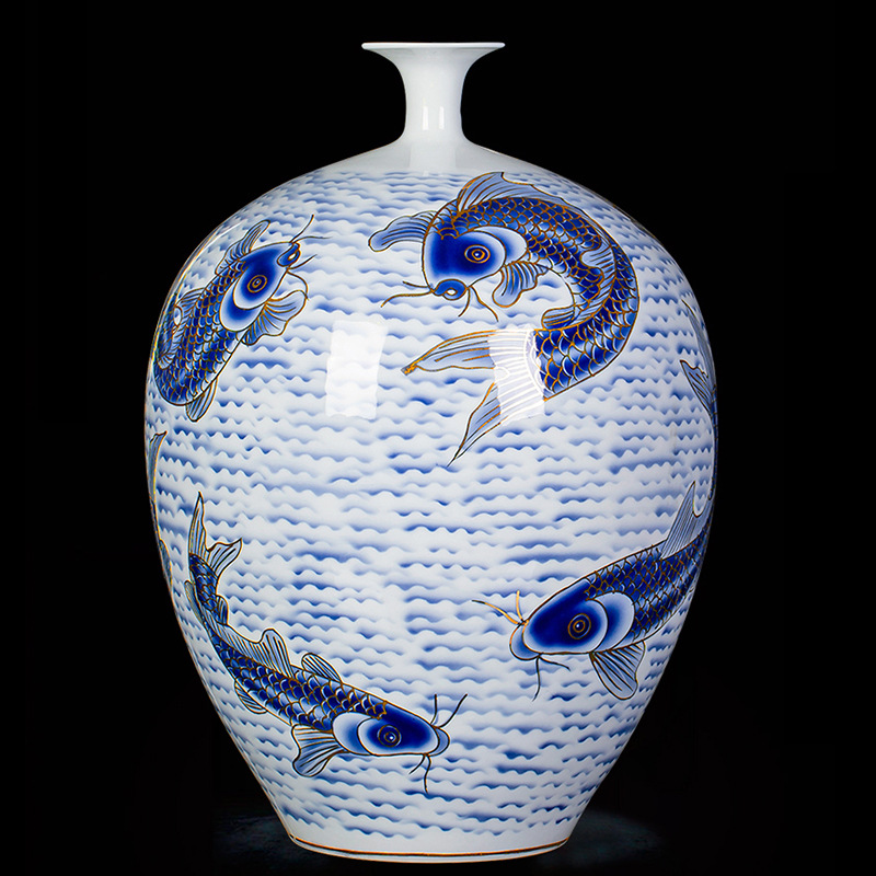 景德镇名家大师手绘年年有余青花瓷陶瓷花瓶新中式客厅装饰品摆件