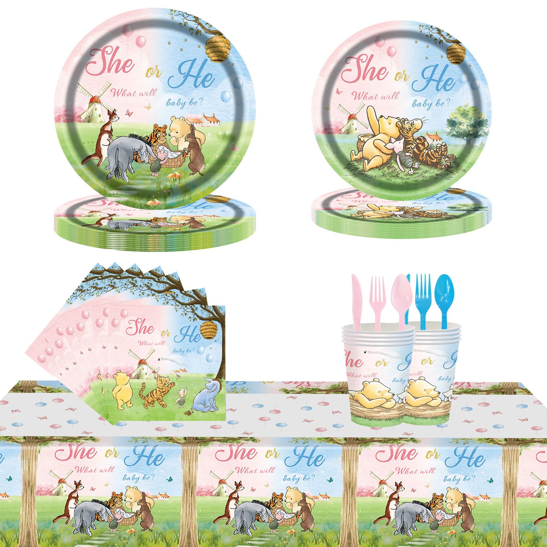 gender reveal party tableware set winnie the pooh cartoon pink blue party paper tableware tissue paper cup tablecloth