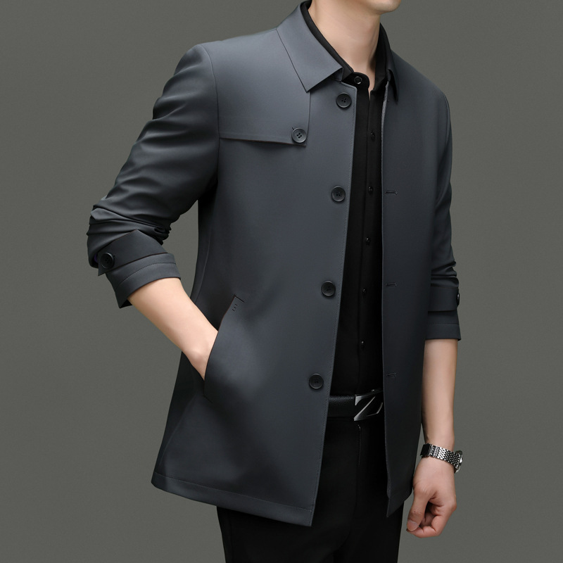 2024春秋季新款单排扣翻领休闲风衣男时尚纯色单排扣新款男式夹克