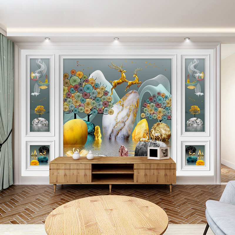 时尚轻奢电视背景墙壁画五宫格墙纸自带边框造型影视墙壁纸8d立体