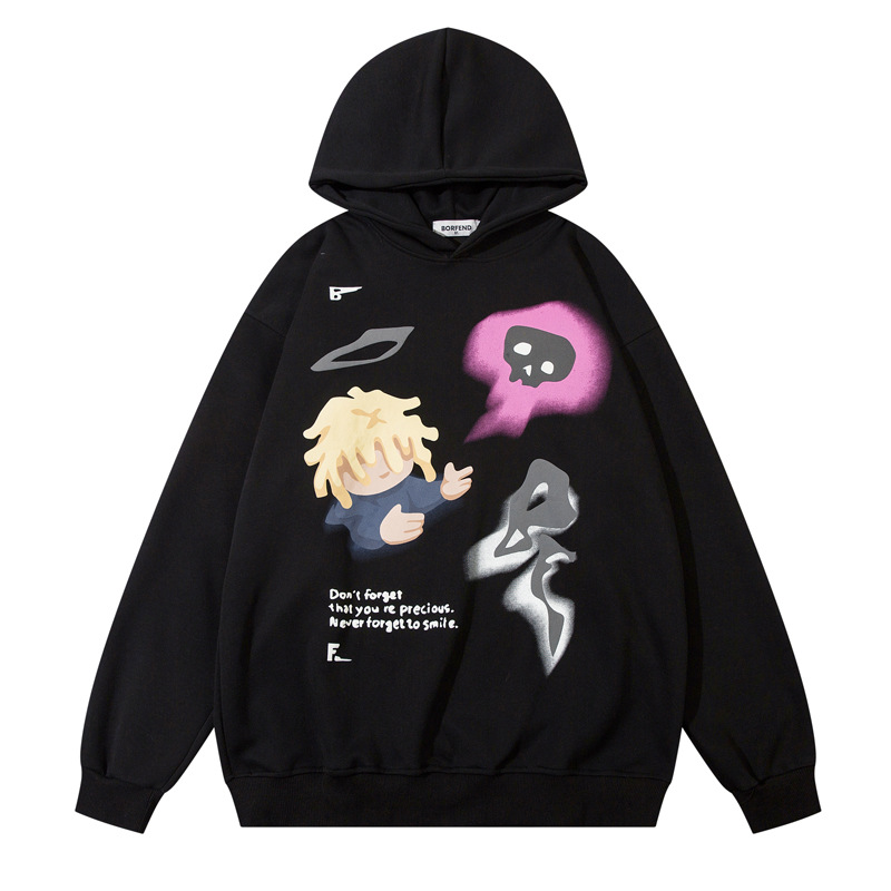 国潮趣味卡通人物涂鸦印花连帽卫衣男潮流宽松嘻哈学生情侣套头衫