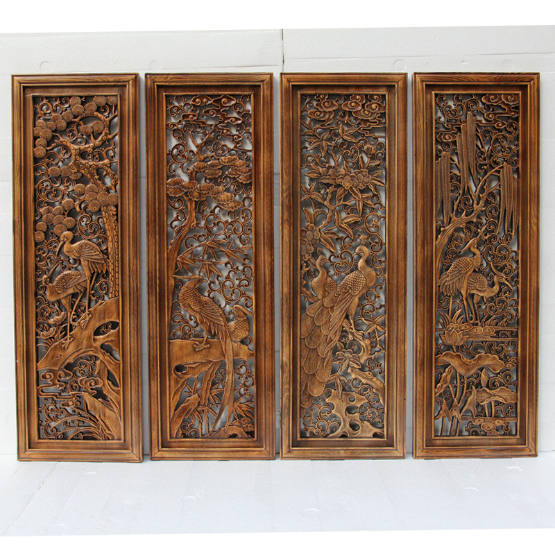 东阳木雕挂件客厅背景沙发壁挂实木香樟工艺品梅兰竹菊条屏装饰画