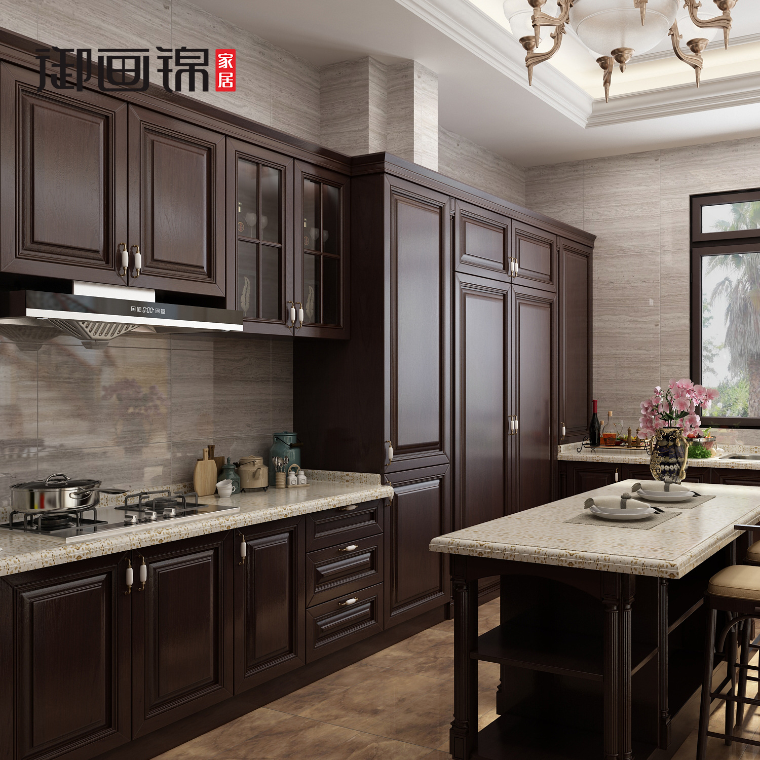 新中式实木多功能整体橱柜 厨房组合地柜吊柜中岛台壁柜全屋家具