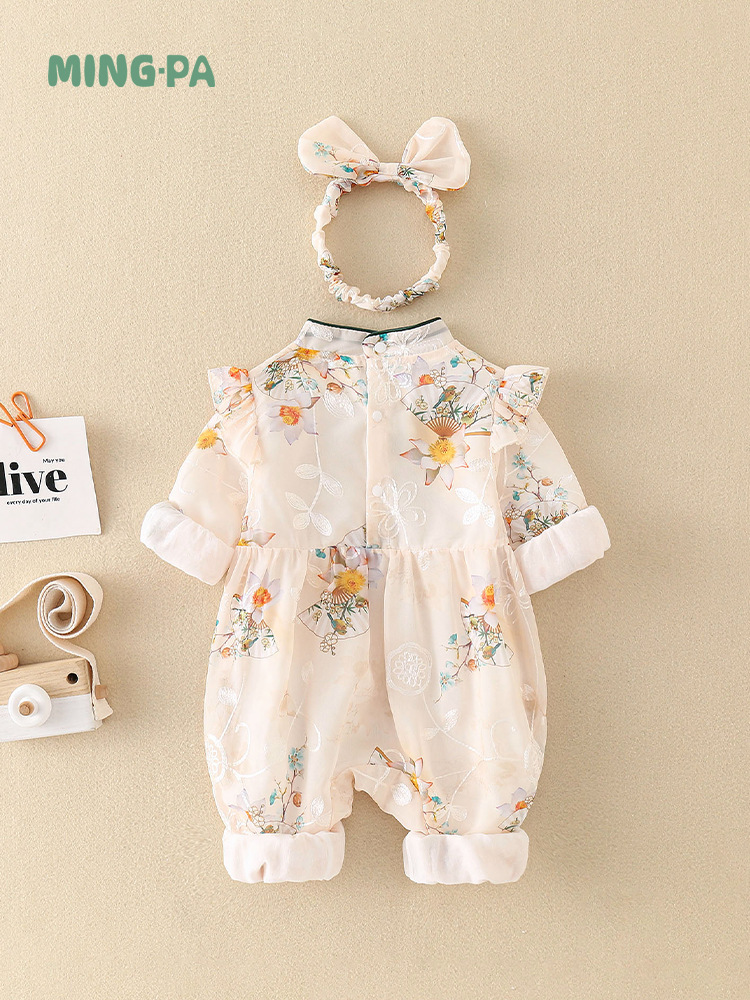 Mingclimbing Baby Clothes Spring Jumpsuit Female Baby Chinese Style Spring and Autumn Class a Sheath Skirt One-Piece Delivery