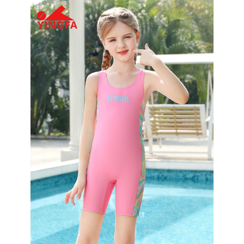 英发儿童泳衣女童专业训练连体五分2024新款女孩中大童学生游泳衣